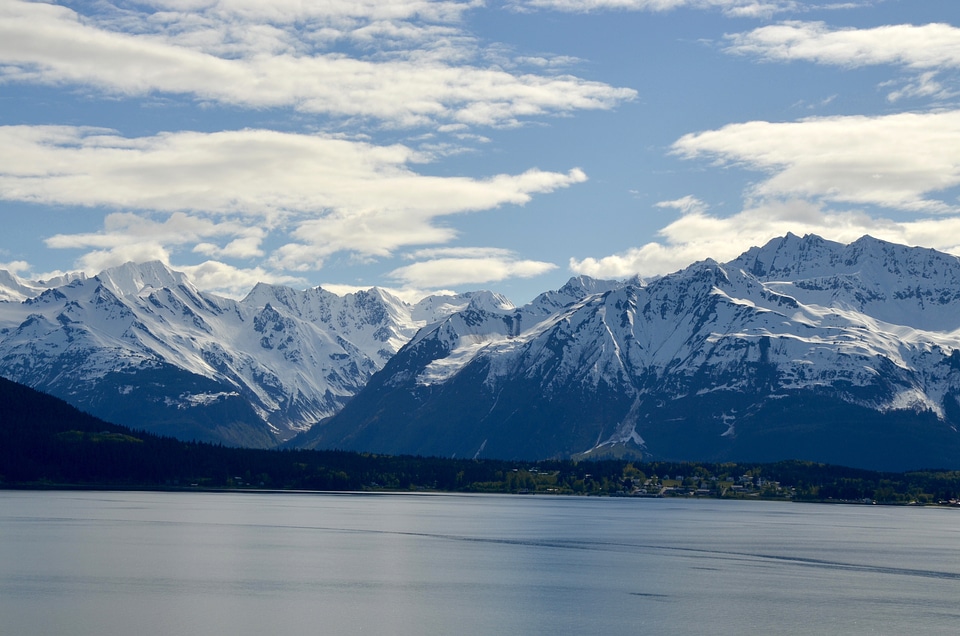 Scenic Mountains with snow over the water