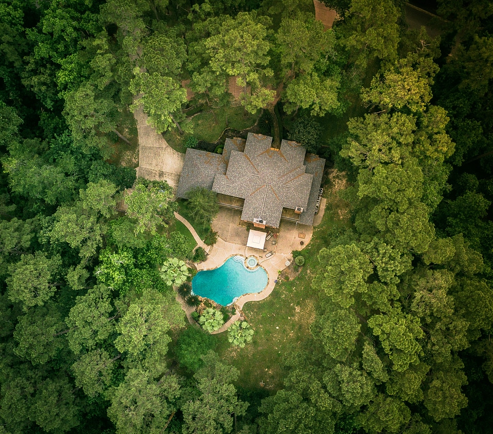 Aerial view of large mansion