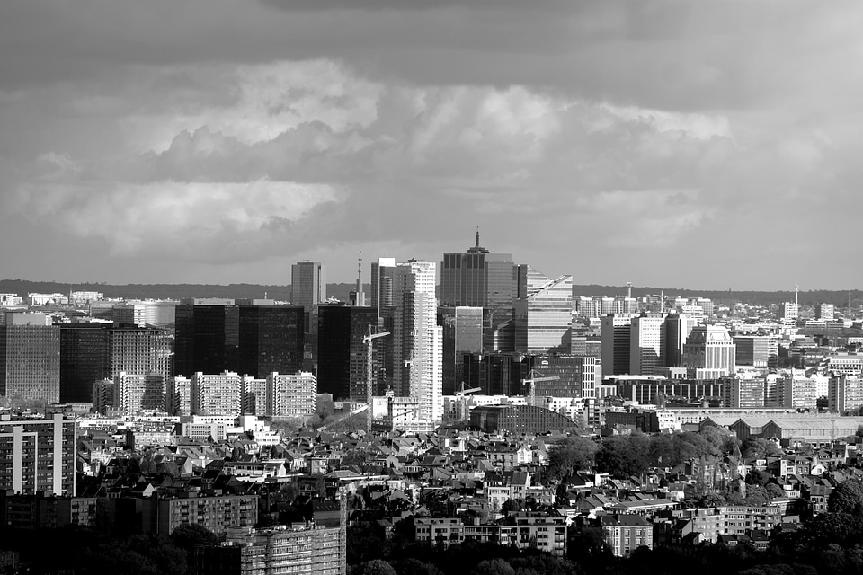 Black and white cityscape skyline in Brussels, Belgium