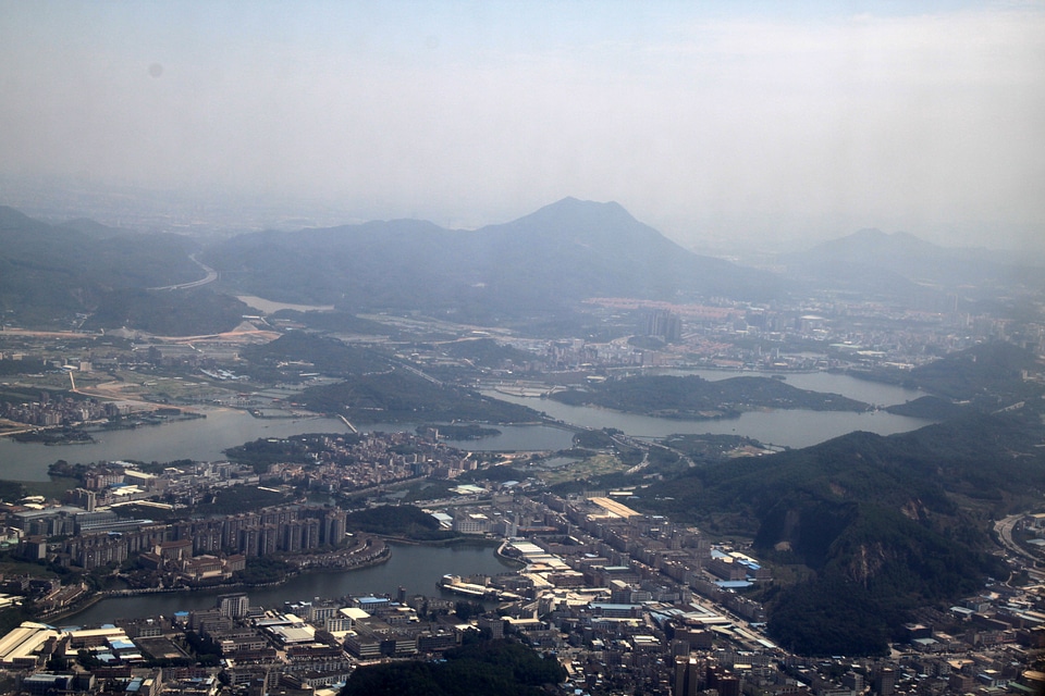 Aerial view of Shenzhen landscape under Fog