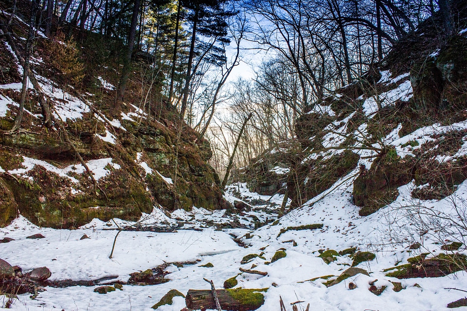 Landscape view with snow in the gorge in Parfreys Glen, Wisconsin