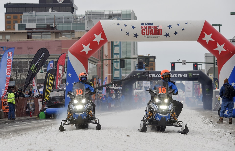 Snow Mobile Racers at the opening ceremony of the dog sled race