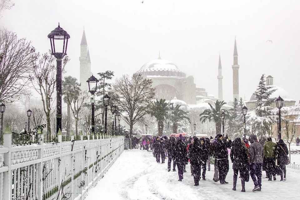 Crowds outside the Blue Mosque in Istanbul, Turkey