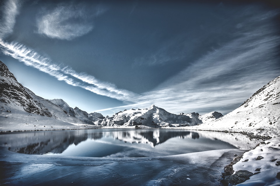 Clouds over the snowy mountains with lake