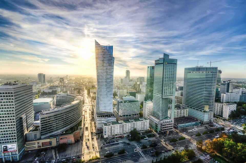 Bright sun over the city of Warsaw, Poland photo