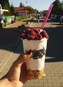 Yogurt with raspberries and blueberries photo
