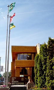 Flags above of North Battlefords City Hall in Saskatchewan