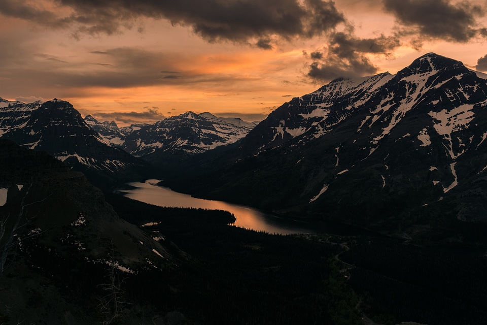 Sunset photos with river and mountains and clouds photo