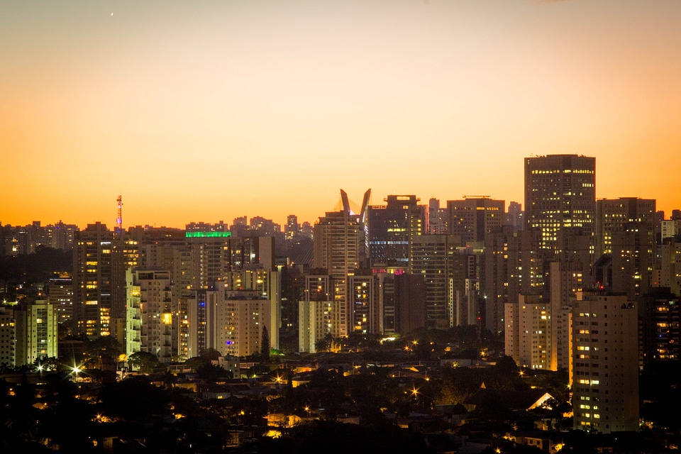 Dusk Skyline with skyscrapers and orange Skies in Sao Paulo, Brazil