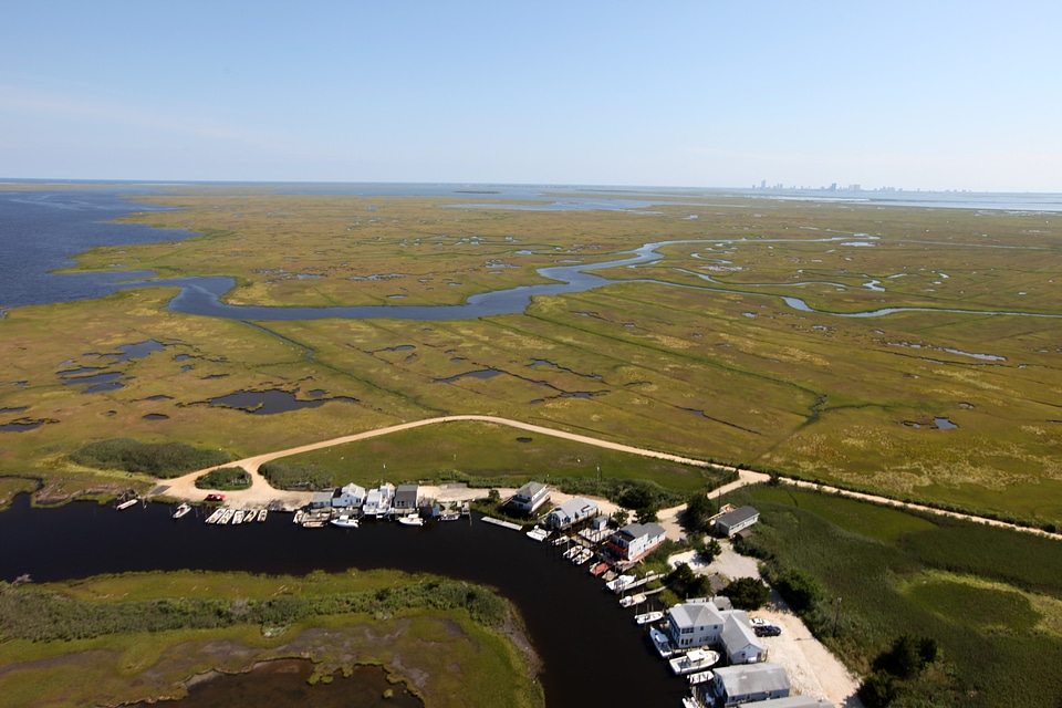 Houses on edge of Edwin B. Forsythe National Wildlife Refuge, New Jersey