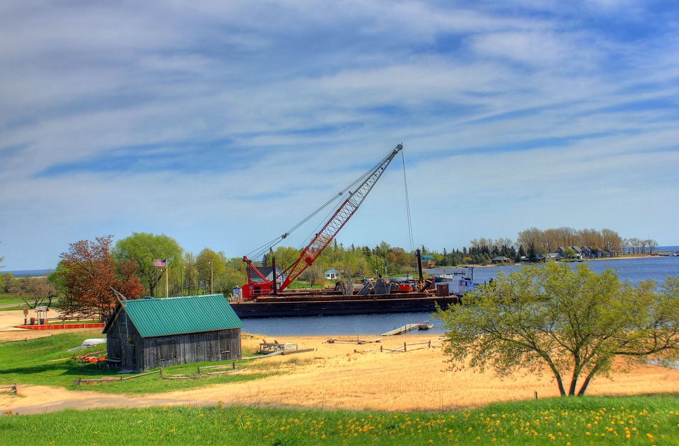 Construction boat on Lake Superior in the Upper Peninsula, Michigan