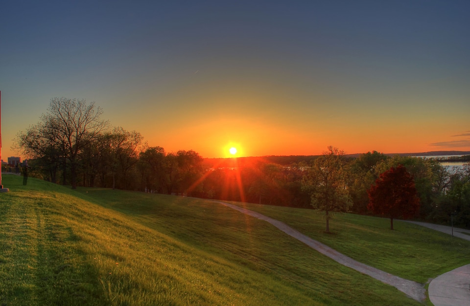 Brighter sunset behind lake in Madison, Wisconsin