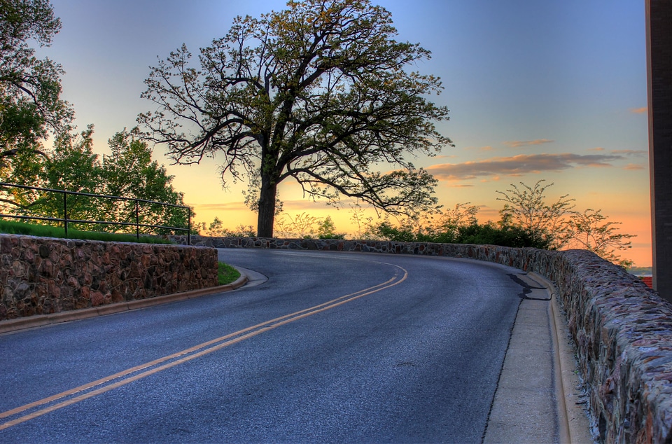 Sunset on the curving road in Madison, Wisconsin