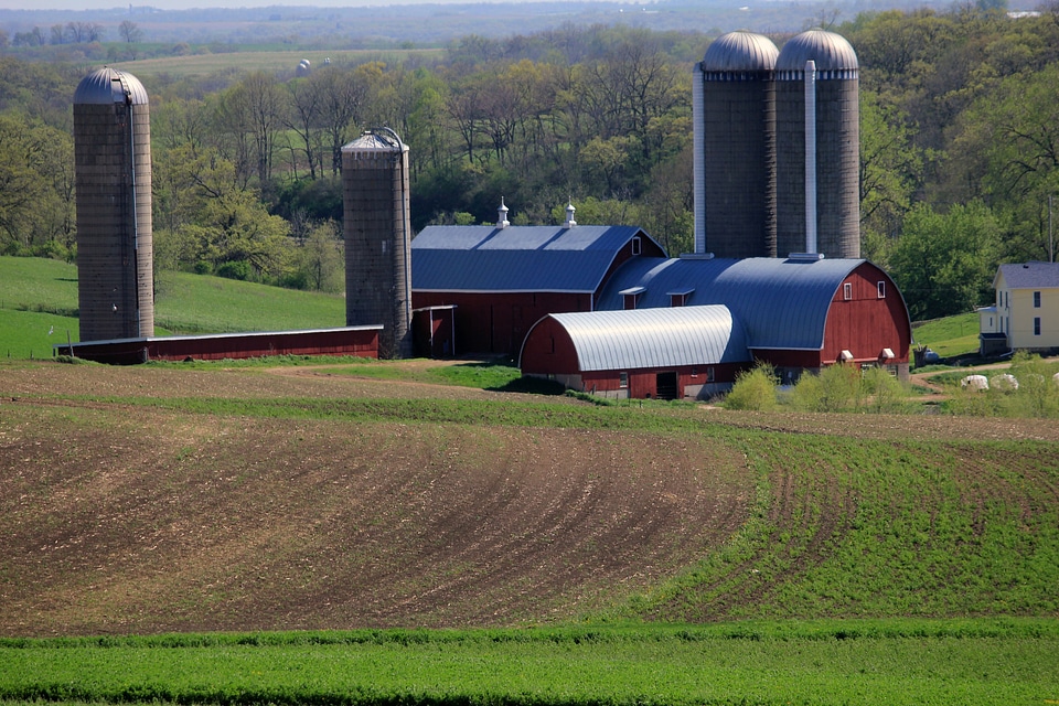 Farm silos and barn on the Military Ridge State Trail