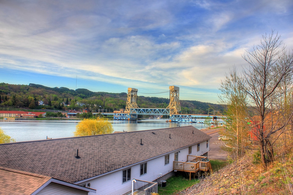 Houses, bridge, and sky in the Upper Peninsula, Michigan