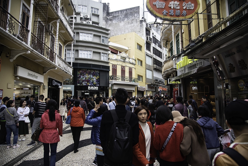 Crowds and people in the streets of Macau