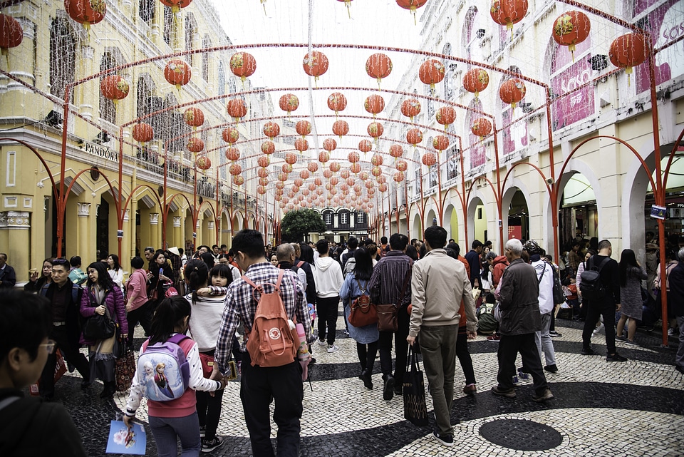 Red Lanterns hanging above the streets in Macau