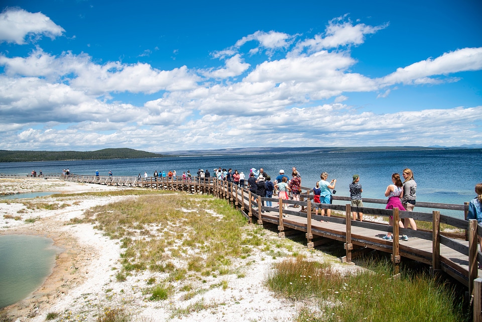 Walkway Tourists under sky and clouds landscape