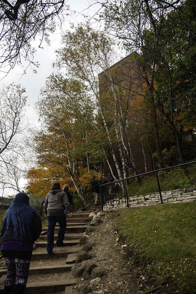 Steps up to the tower with autumn trees