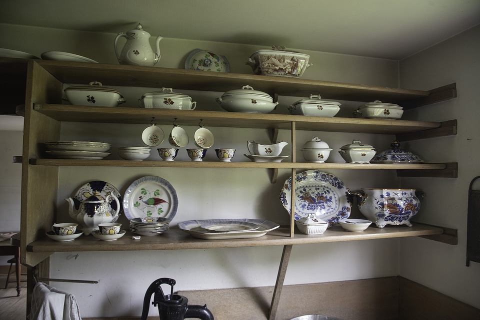 Kitchen with plates on shelves