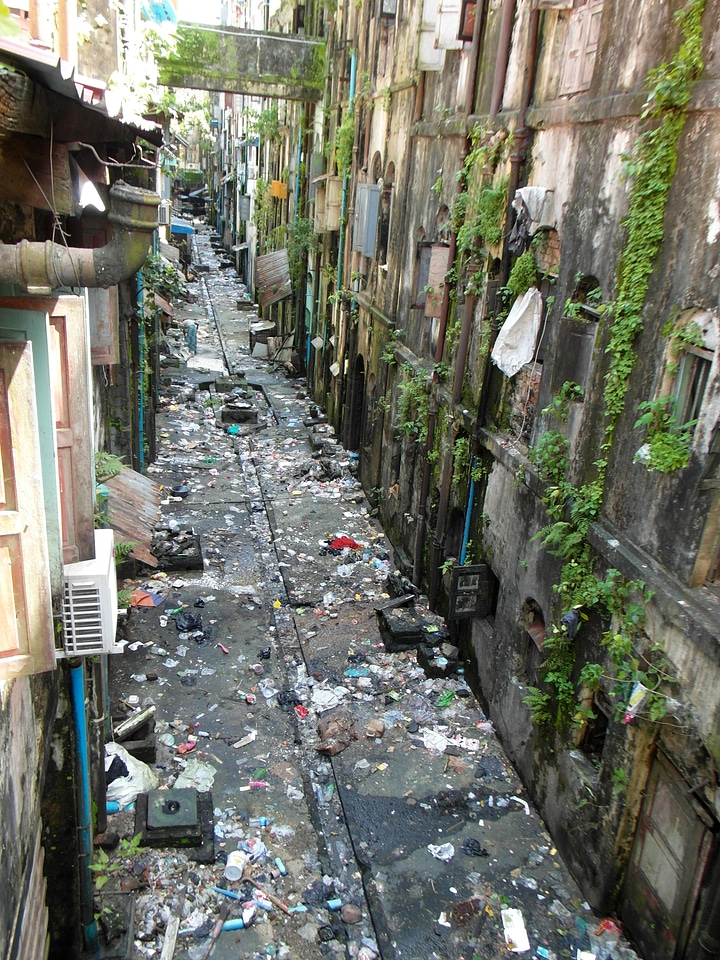Dirty street back alley in Yangon Myanmar