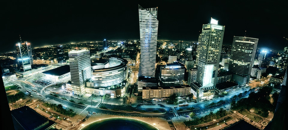 Panorama of Warsaw lighted up at night
