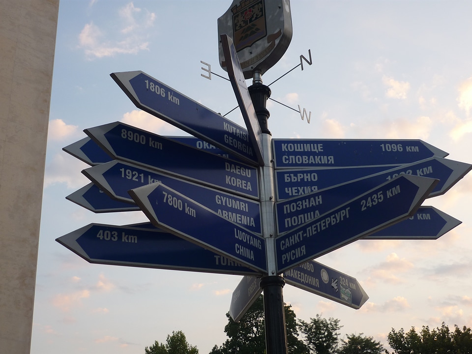 Road signs with distance to sister cities