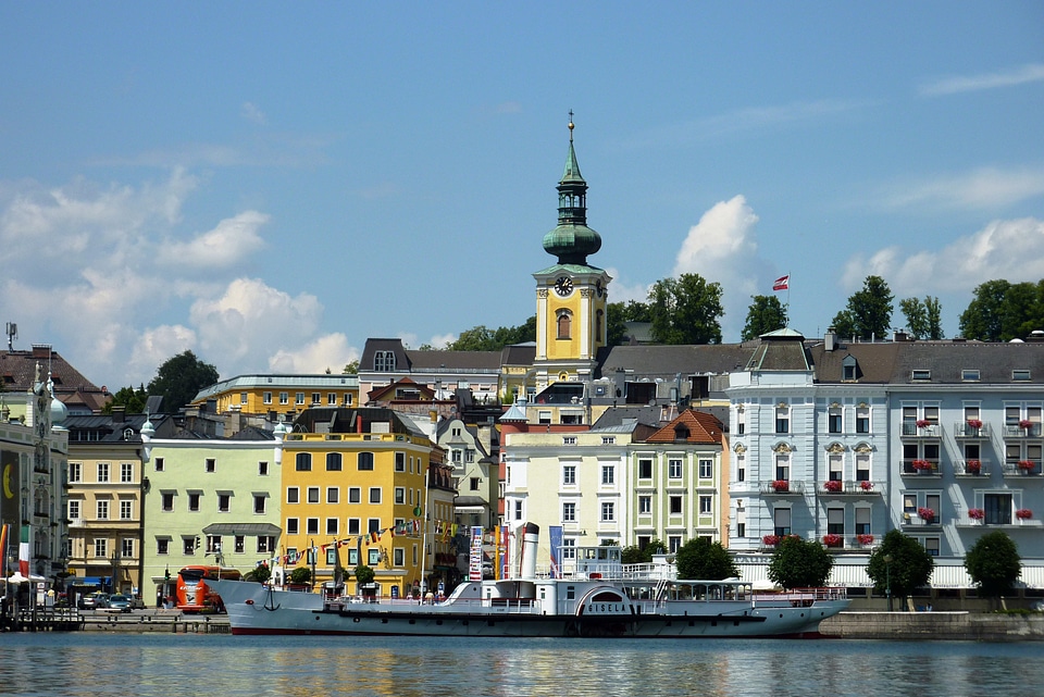 Lakeside view with buildings on shore in Gmunden, Austria