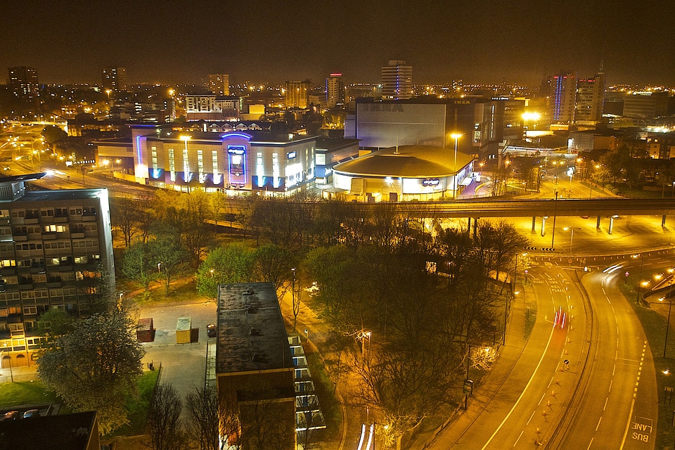 Downtown Coventry and Stadium at night