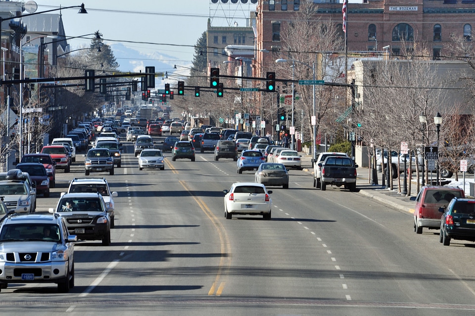 Main Street Bozeman with traffic in Montana
