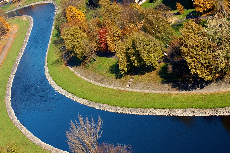 The Ostravice River overhead view in Ostrava, Czech Republic