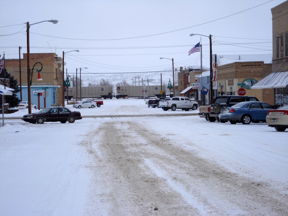 Logan Avenue in Downtown Terry during a snow day, Montana
