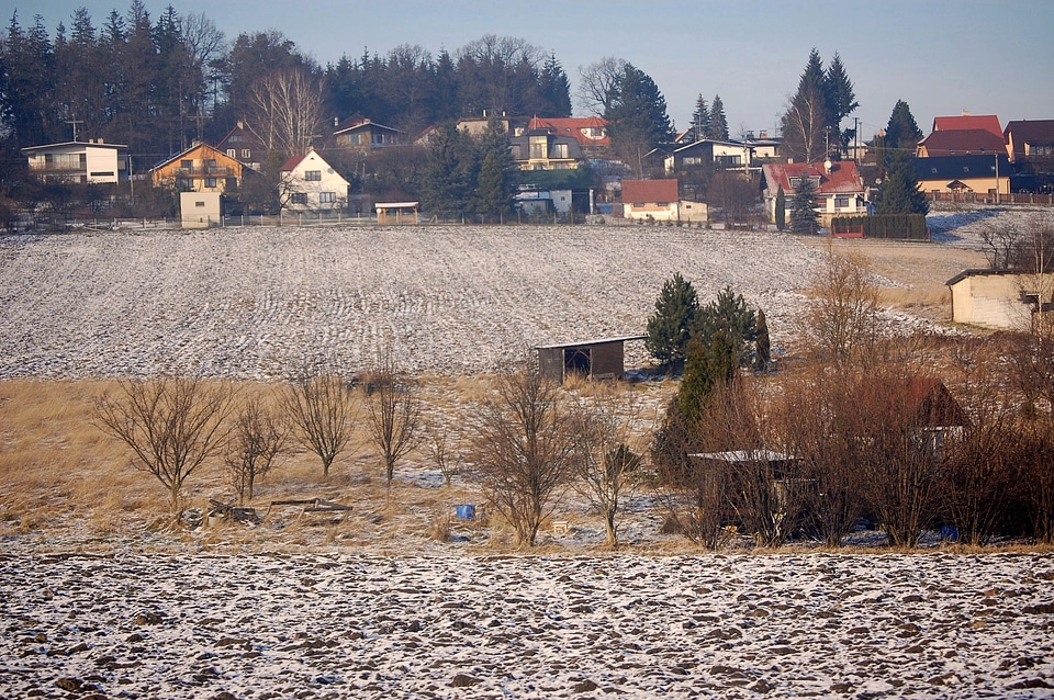 Houses and farms in the distance in the polish countryside