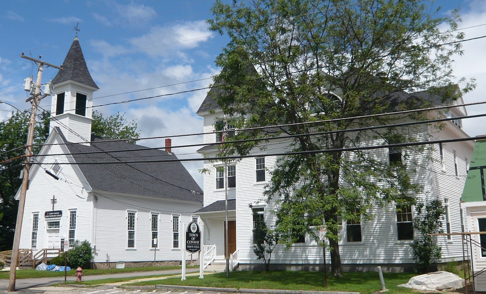 Town Hall with telephone wires in Conway, New Hampshire