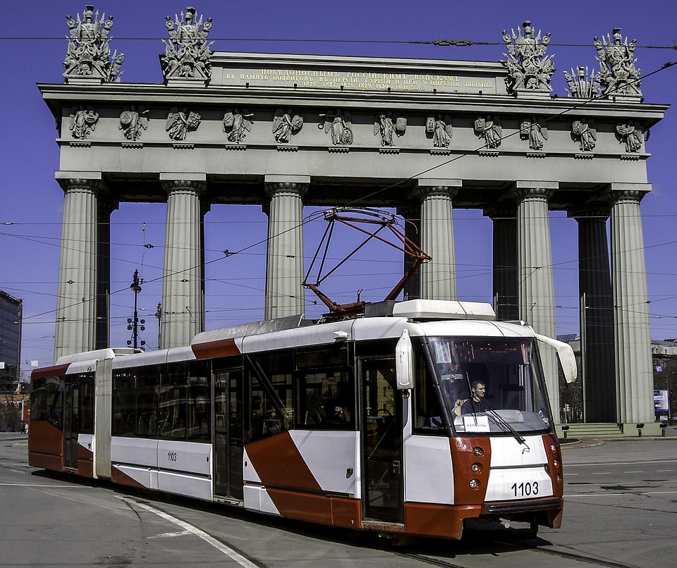 Tram on Moscow Gate Square in Saint Petersburg, Russia
