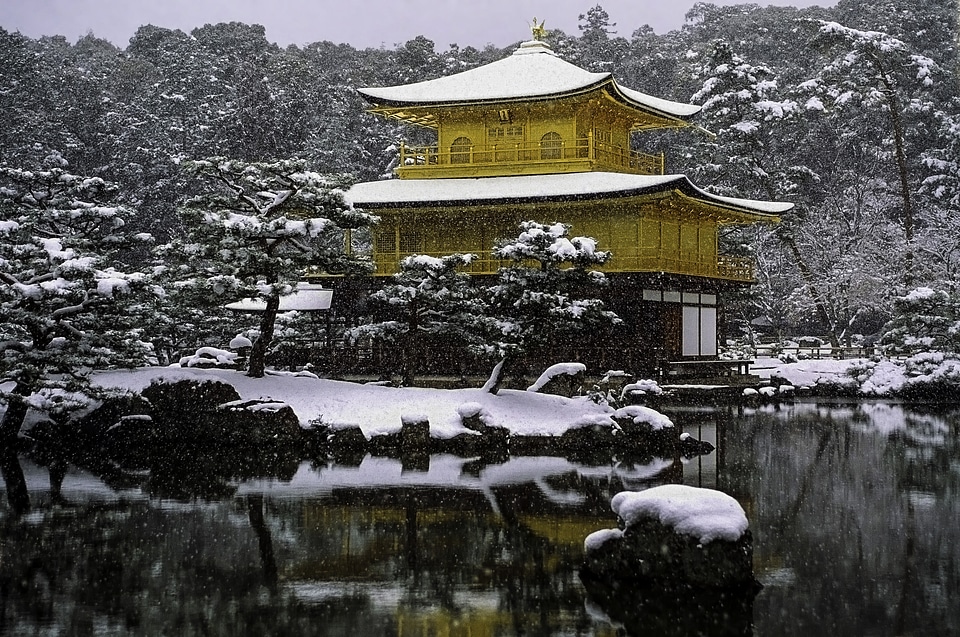 Kinkaku-ji in the winter in snow in Kyoto, Japan