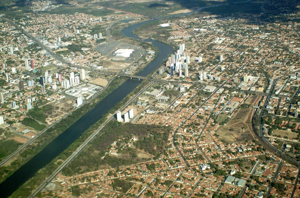 Aerial view of the city, with the Poti River through the city in Teresina, Brazil