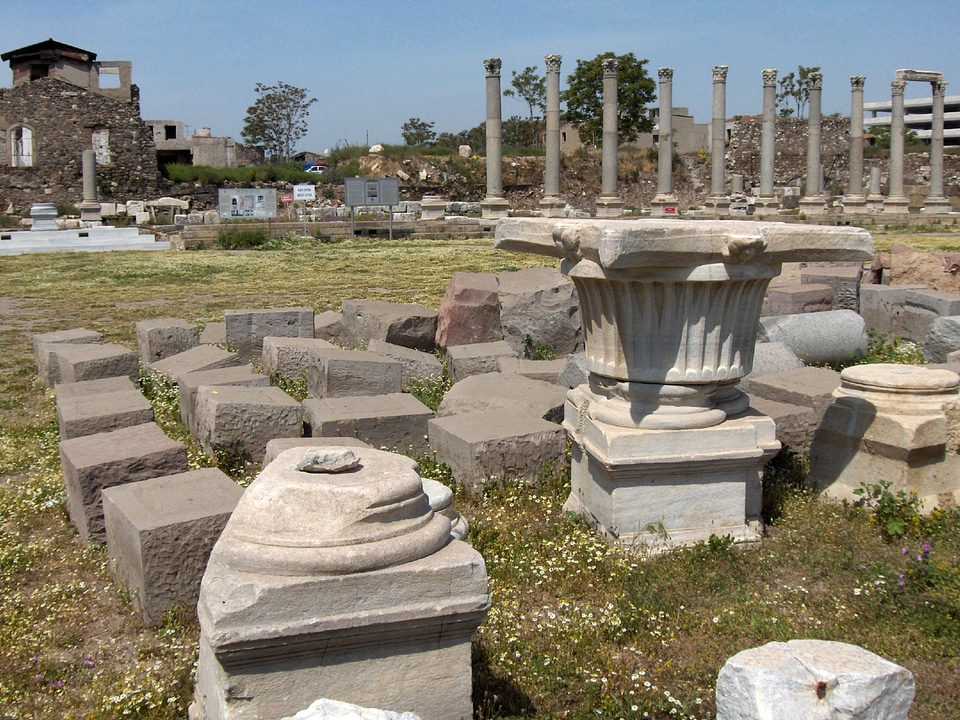 Stone seats, pillars, and table in Izmir, Turkey