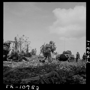 Marines advance behind tank on Guam - NARA - 520967