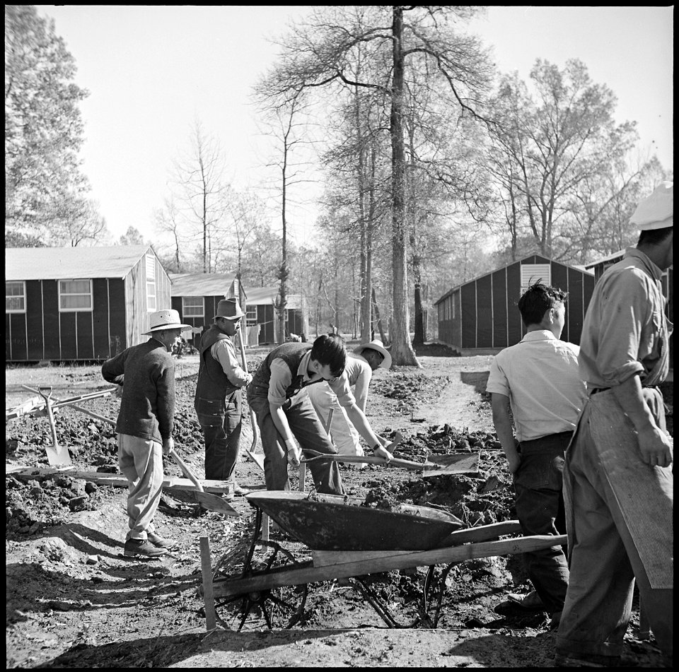 Jerome Relocation Center, Denson, Arkansas. Workers preparing drainage ditches in front of the Bloc . . . - NARA - 538837