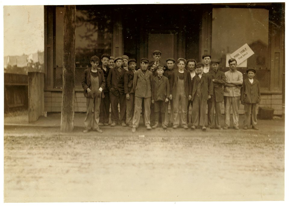 Noon, June 10, 1909. Parker Mills, Warren, R.I. All these and about a dozen more I saw working in this mill that A.M. when I visited the mill. The smallest boy in middle has been working LOC nclc.01814