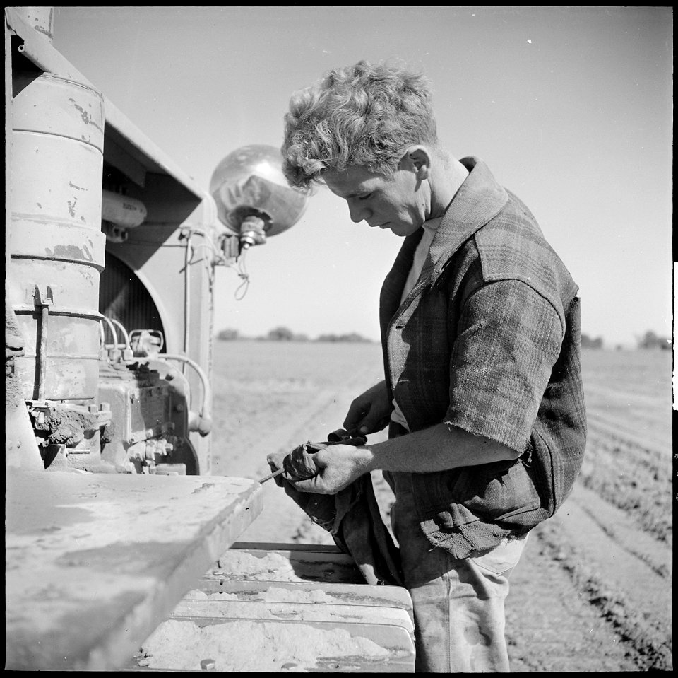 Monterey County, California. Rural youth. Mechanization, the agricultural employee. Checking the oil on a caterpillar... - NARA - 532172 photo