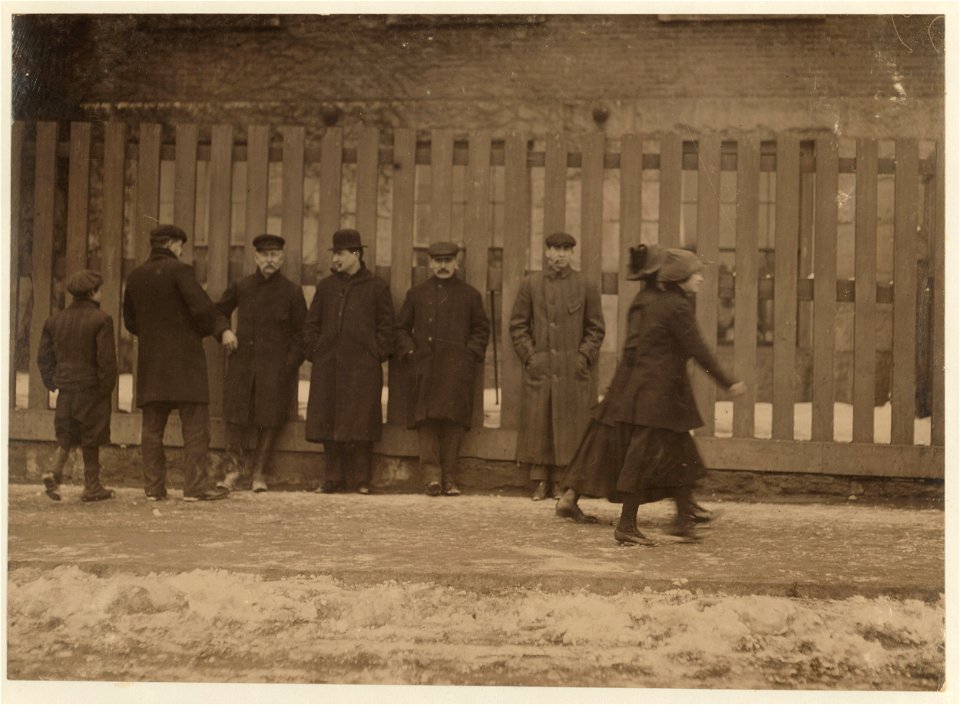 Main Entrance Wamsutta Mills. Young workers also indolescent (i.e., adolescent) and young girls running the gauntlet of vile-speaking men and boys. The remarks are sometimes beyond belief. ) LOC nclc.02488