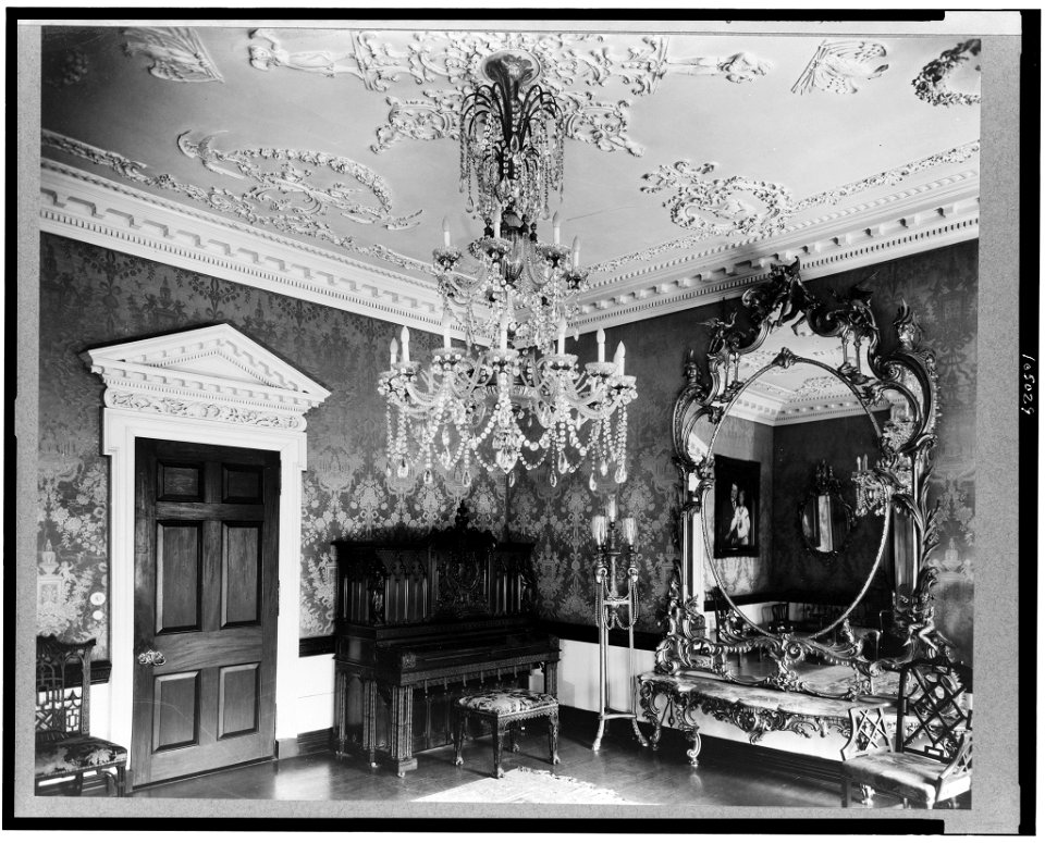 Marsden J. Perry home, Providence, Rhode Island. Interior scene, detail of piano, crystal chandelier, mirror, and door LCCN92500153