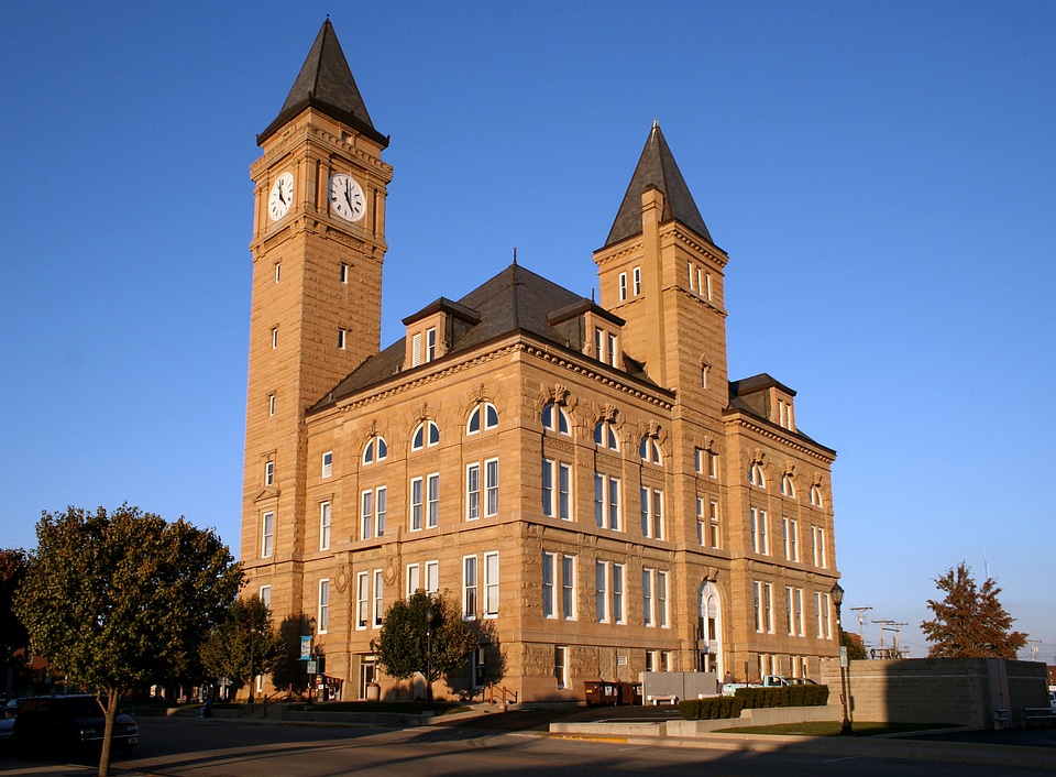Tipton County courthouse from a distance in the light, Indiana