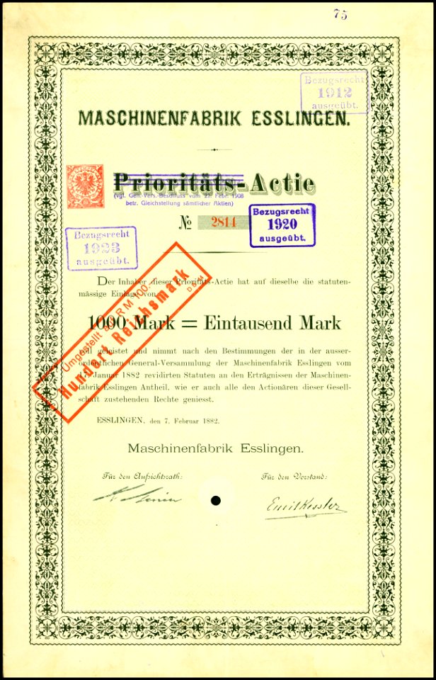 Maschinenfabrik Esslingen 1882 1000 Mk