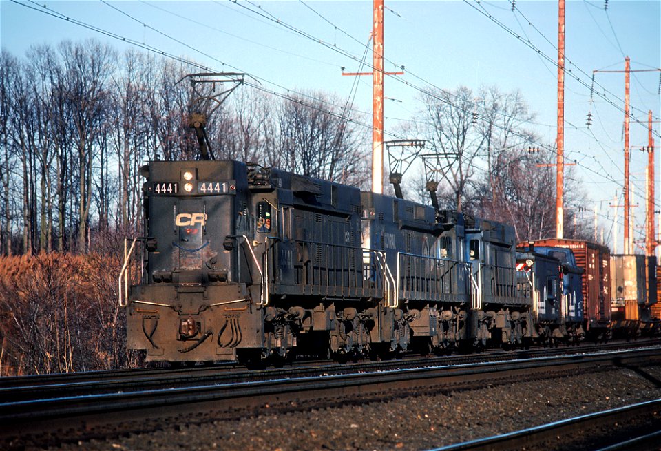 Conrail 4441 E44 at MP 82 on the Amtrak Baltimore Division, about 2 miles south of Gunpow in December 1980 (33537582490)