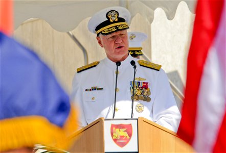 US Navy 101006-N-6138K-031 Chief of Naval Operations (CNO) Adm. Gary Roughead speaks at the U.S. Naval Forces Europe-Africa change of command cerem photo