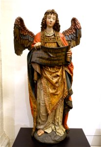 Two Angels with Banners, 1 of 2, Cologne, c. 1530, limewood, polychrome - Museum Schnütgen - Cologne, Germany - DSC00191 photo
