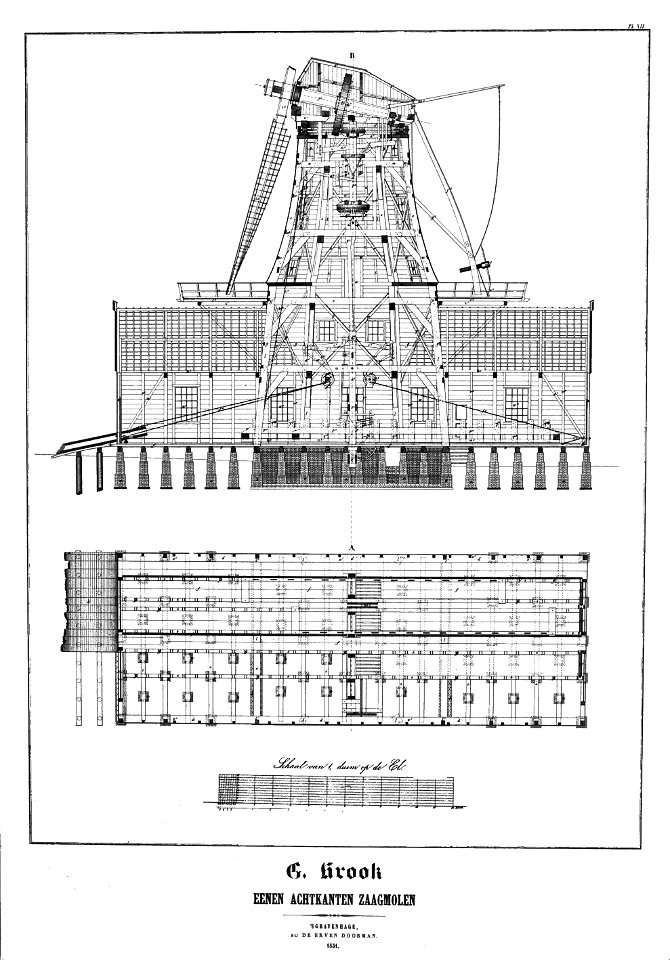 Molen Wilpermolen zaagmolen houten achtkant tekening